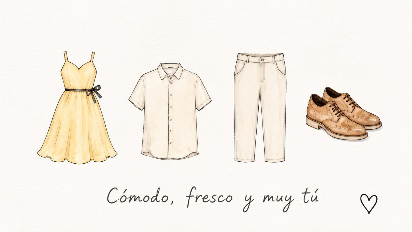 Ilustración de dress code: vestido claro, camisa y pantalón claros, zapatos